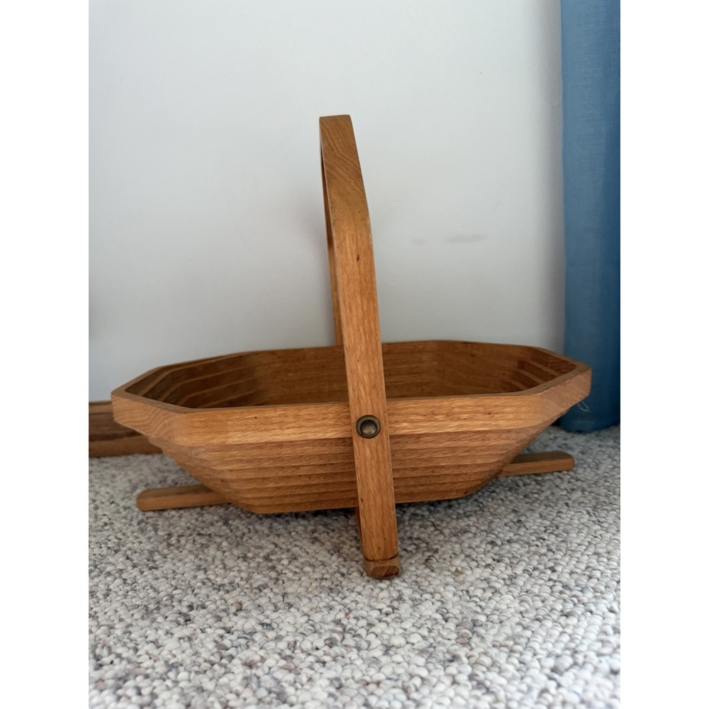Handcrafted C. Saw Crafts Octagonal Brown Wooden Basket with Handle